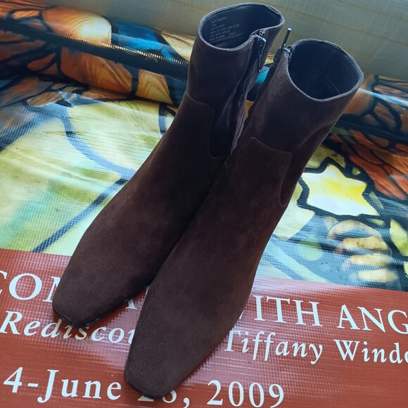 Women's Chocolate Brown Suede Boots with Low Heel - Picture 1 of 8